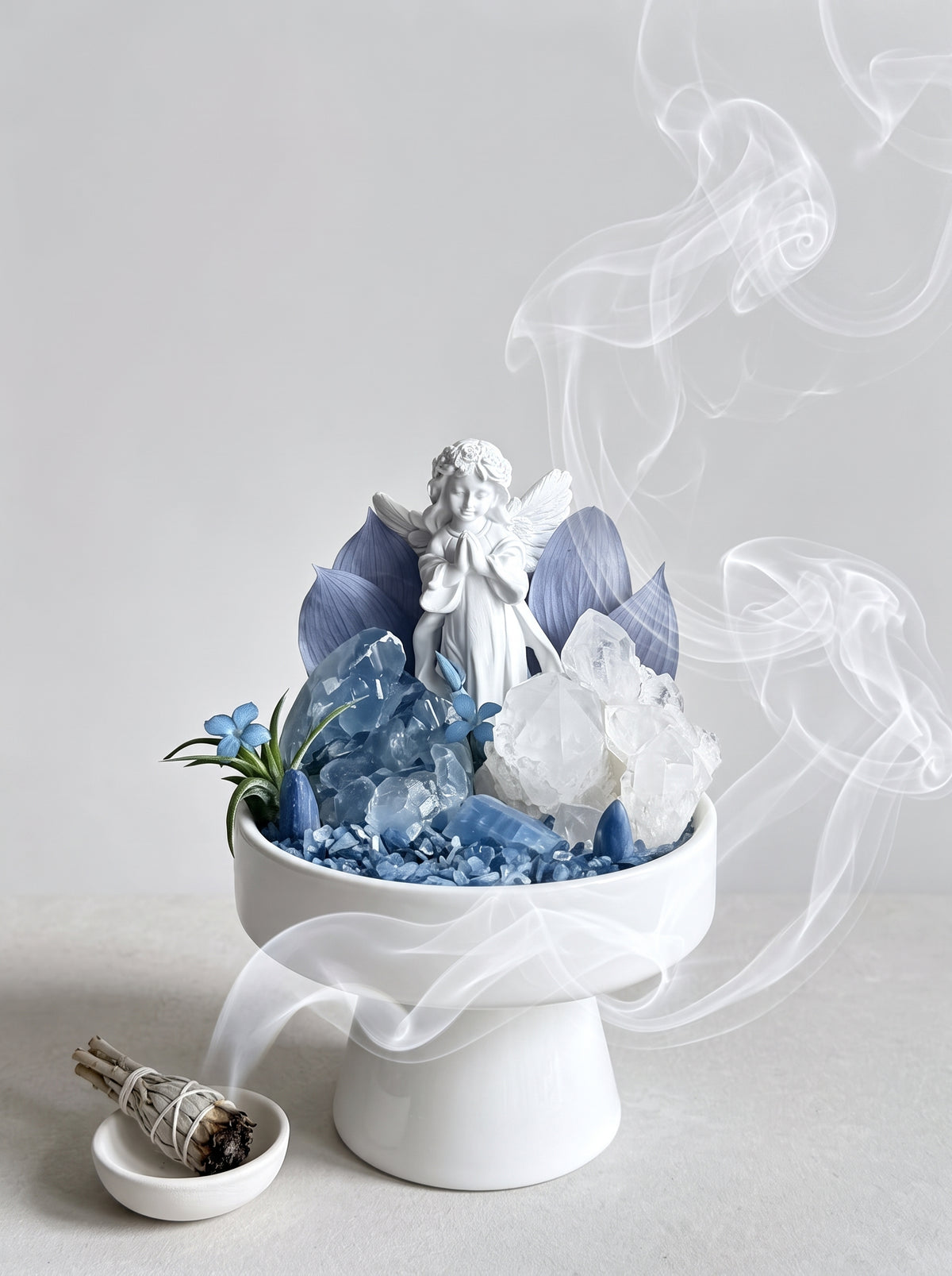 white sage smoke purification scene, styled setting.
