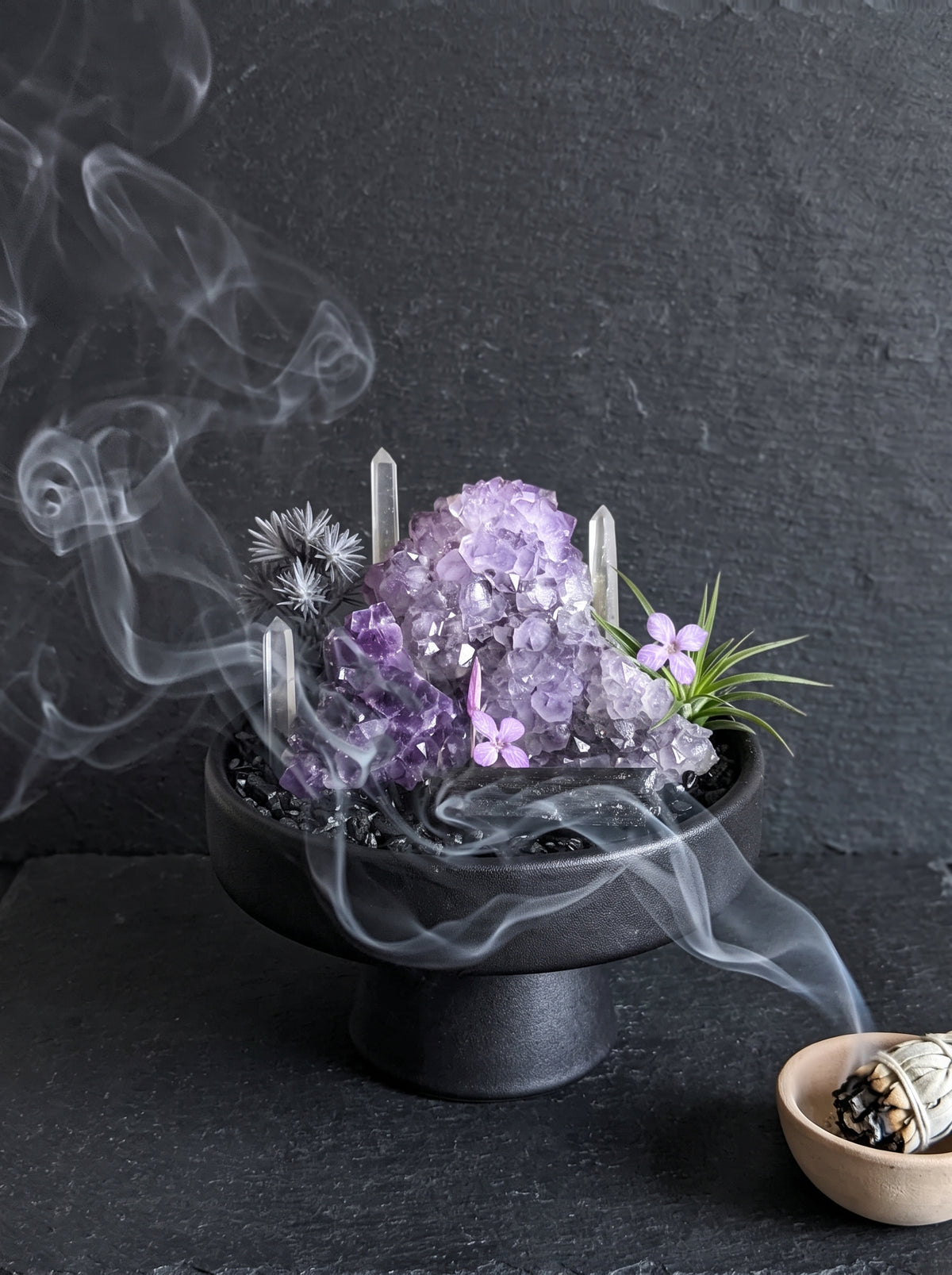 white sage smoke purification scene, styled setting.