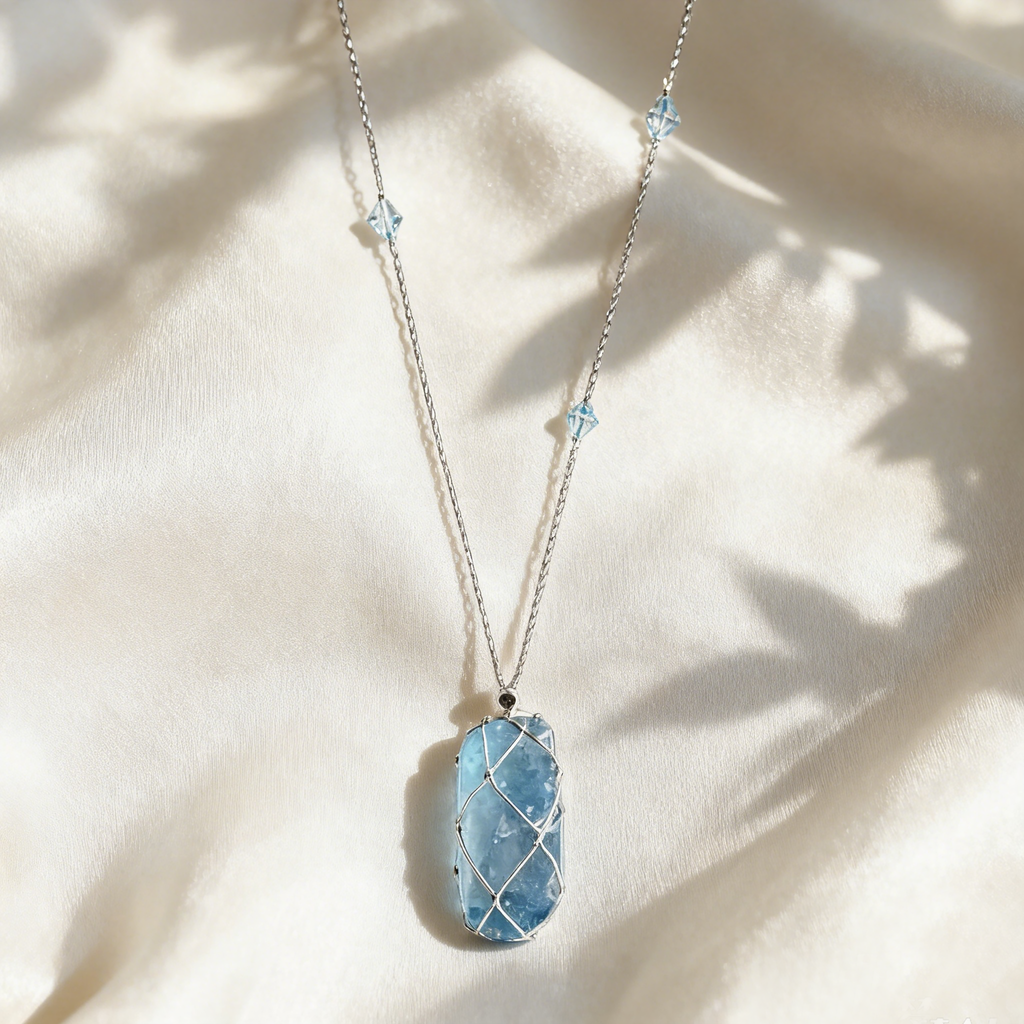 Mesh-Wrapped Aquamarine Pendant
