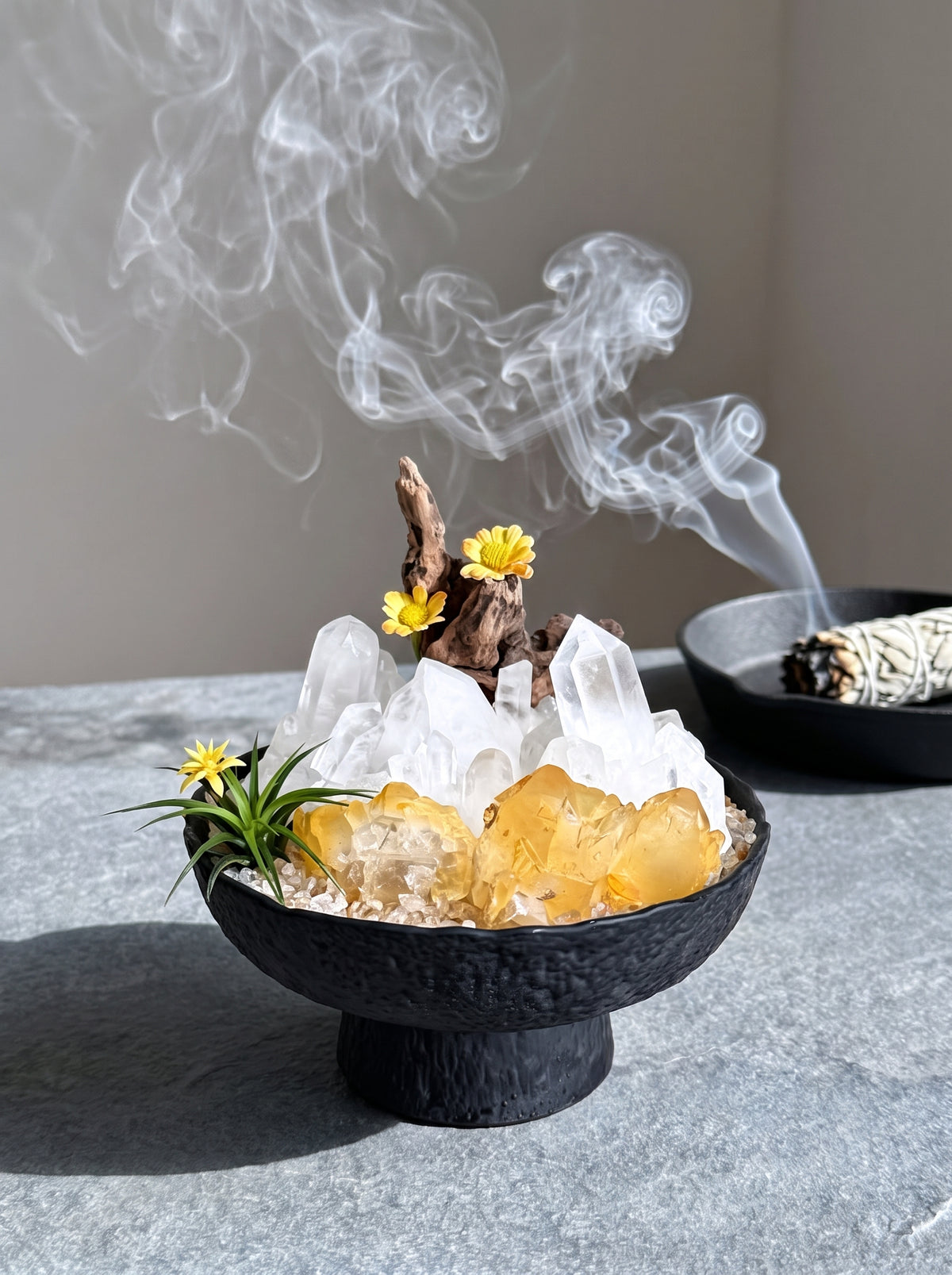 white sage smoke purification scene, styled setting.